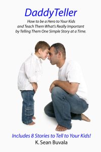 the cover of the daddyteller book features a man and boy in white shirts and blue jeans. the man is kneeling down in front of the standing boy and their foreheads are touching face to face